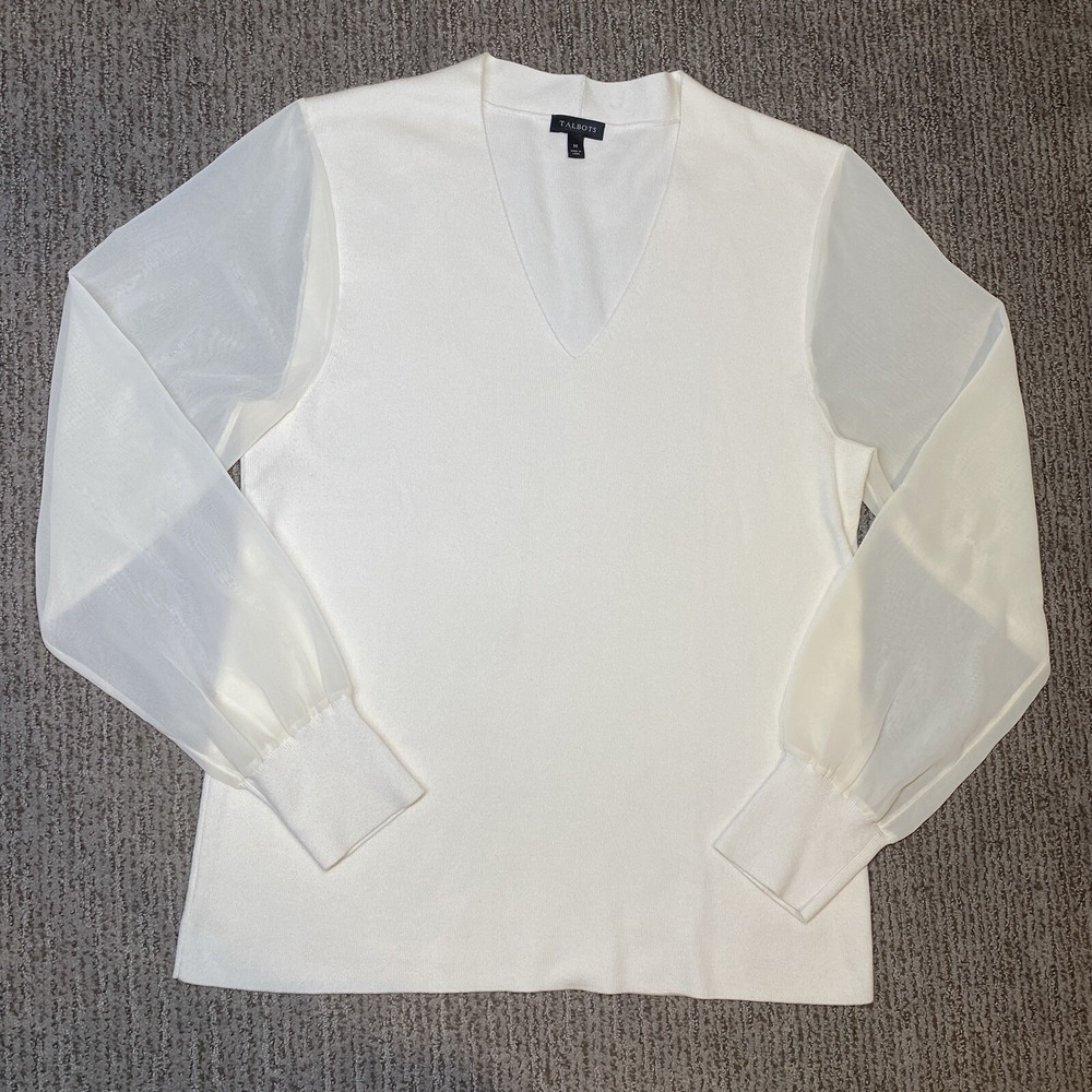 Talbots Womens M Sheer Sleeve V Neck Sweater Top Pullover Quiet Luxury Dress